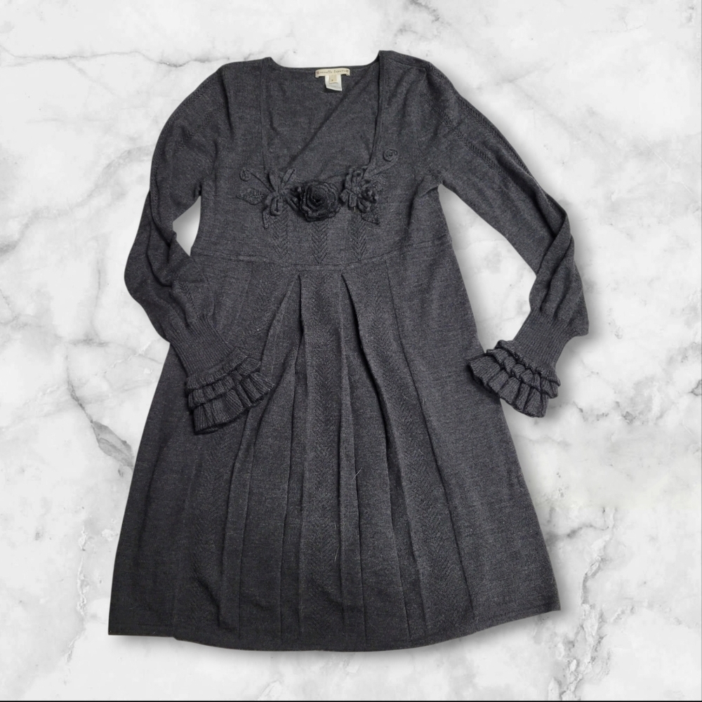 Vintage Nanette Lepore 100% Floral Ruffle Sweater Dress Long Sleeve Grey Size M